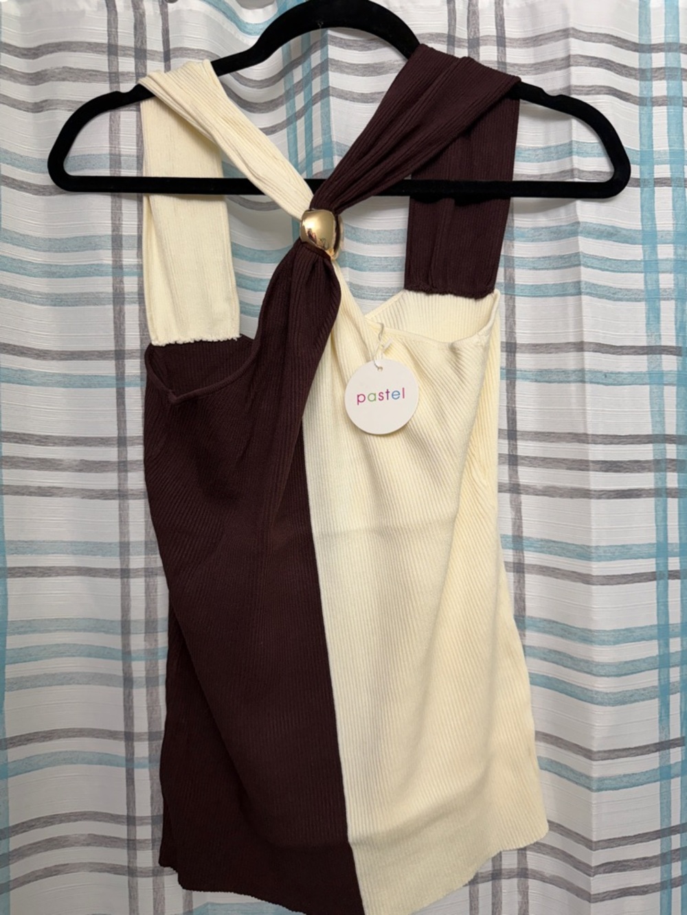 Pastels Brown and Cream Knotted Ribbed Tank with Gold Accent